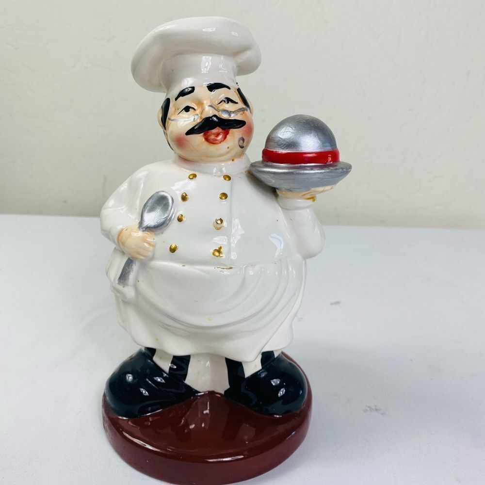 Chef Figurine Utensils Holder Vintage with Spoon and Tray